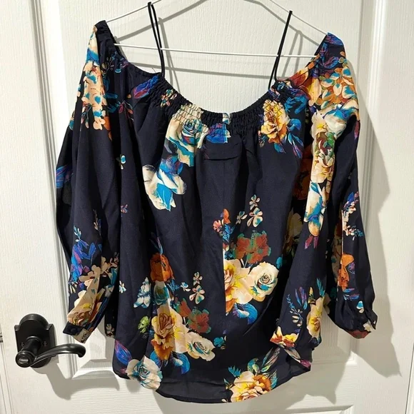 Anthropologie Maeve Blue Tallie Open  Shoulder Silk Blouse xs - Picture 6 of 9